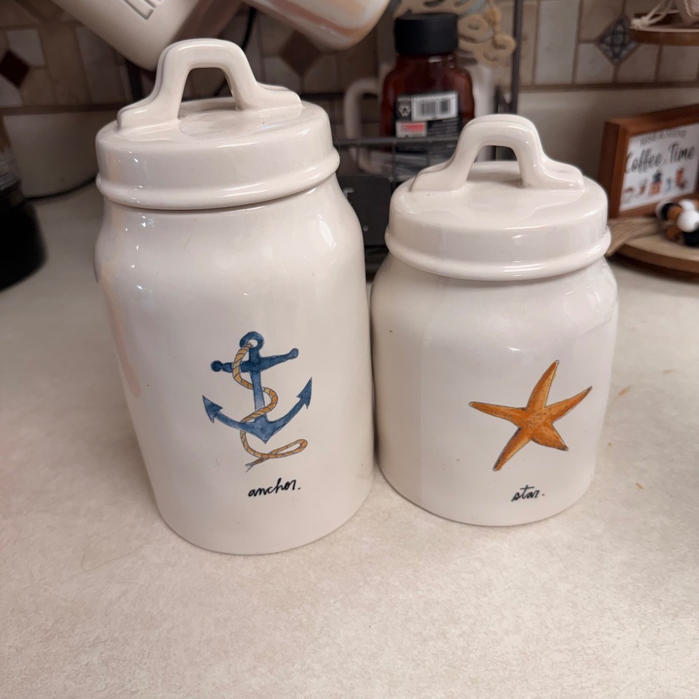 Rae Dunn Nautical Canister Set Anchor Starfish Coastal Ceramic Jars Magenta 2pc